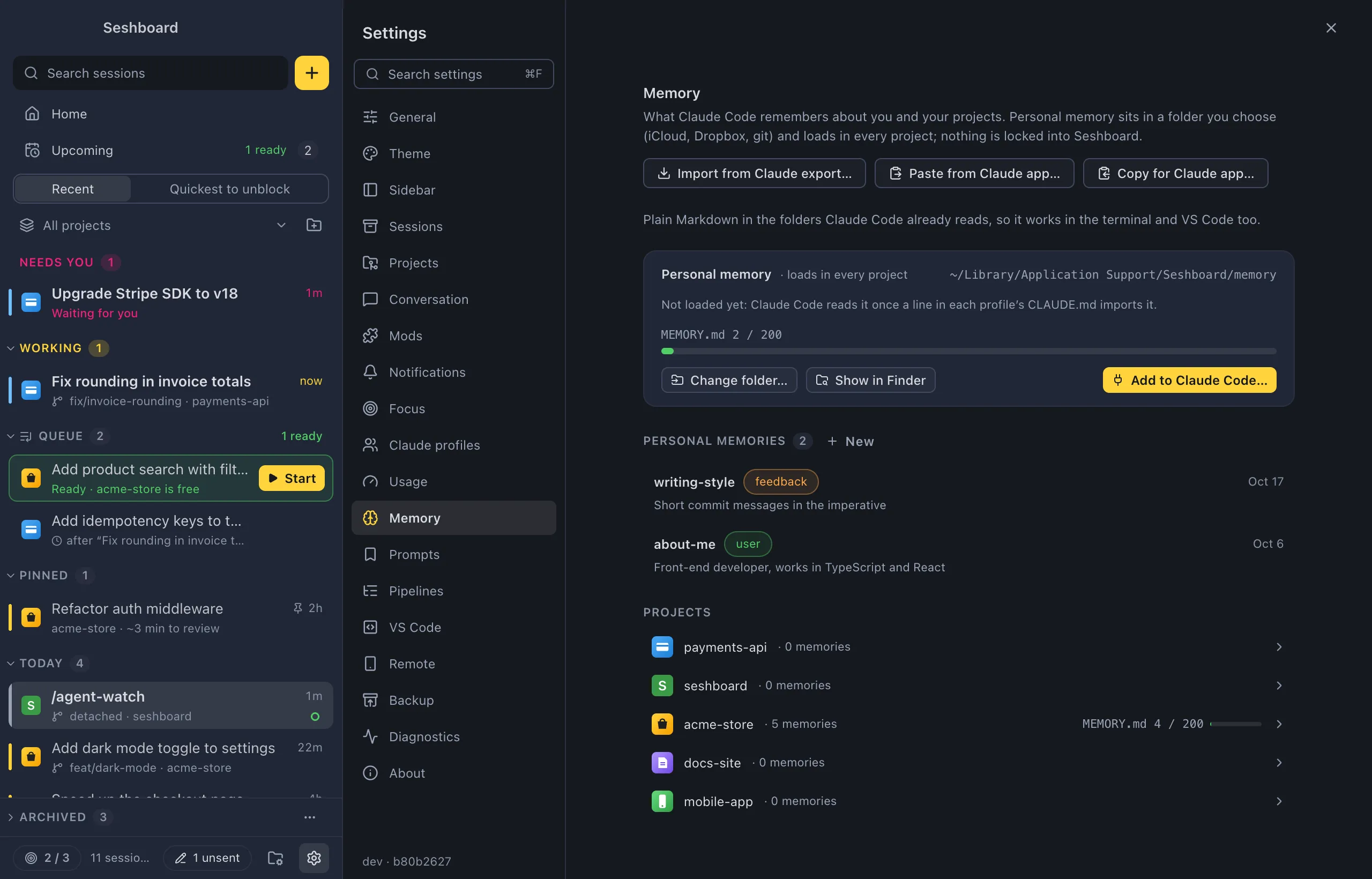 Settings on Memory: the Import from Claude export, Paste from Claude app and Copy for Claude app buttons, the Personal memory card with its folder, MEMORY.md meter and Remove from Claude Code, the Personal memories list, and every project with its memory count