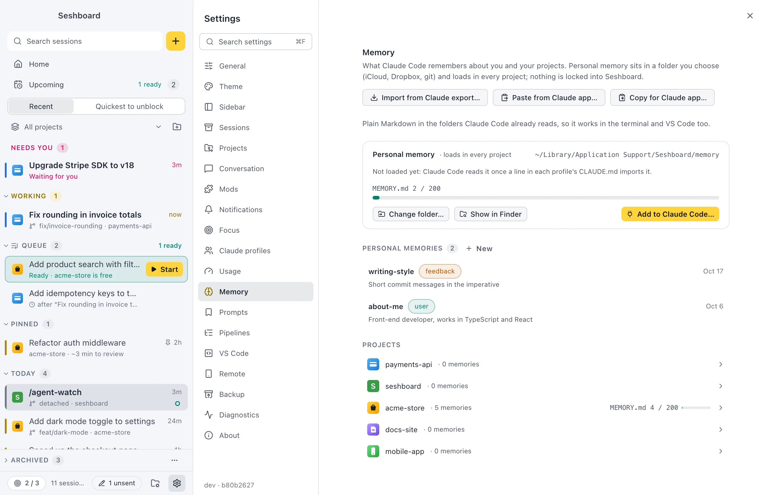 Settings on Memory: the Import from Claude export, Paste from Claude app and Copy for Claude app buttons, the Personal memory card with its folder, MEMORY.md meter and Remove from Claude Code, the Personal memories list, and every project with its memory count