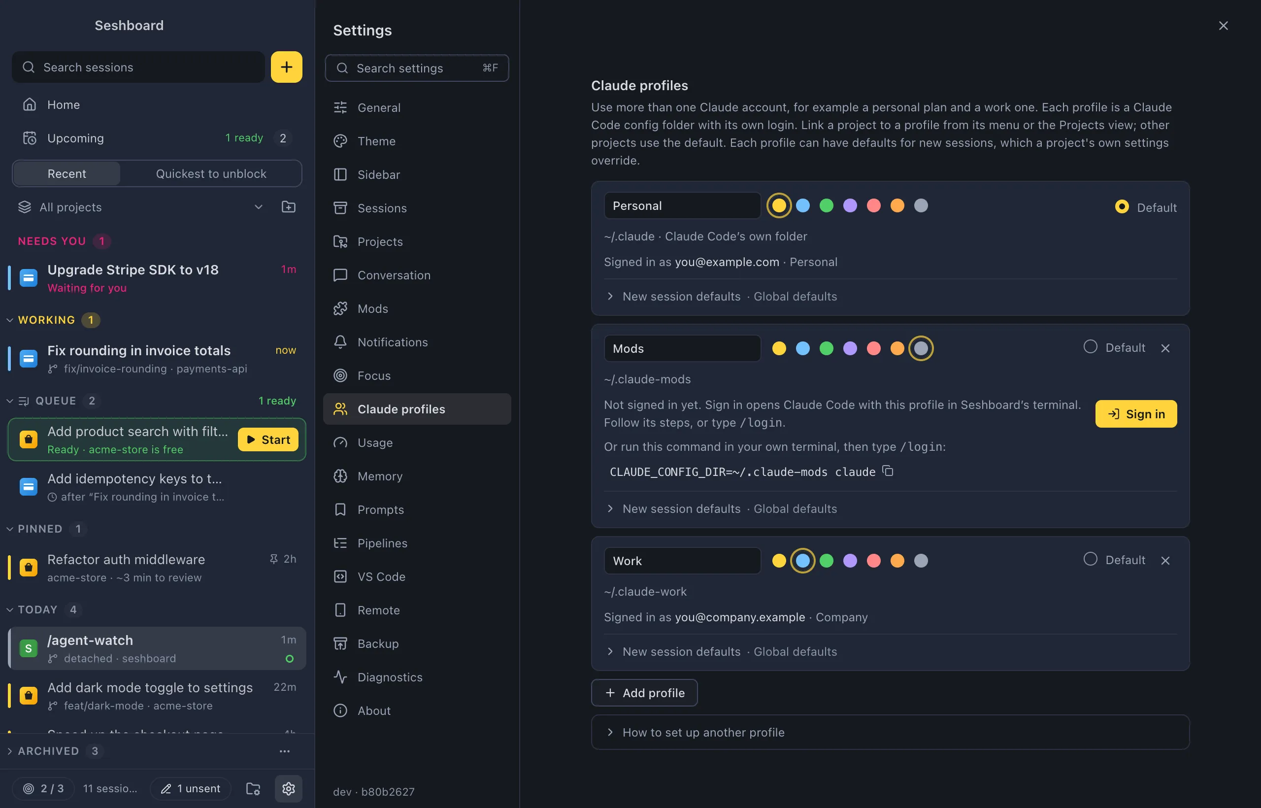 Settings on Claude profiles: two profiles, each with its name, colour, config folder and the account it is signed in with, the Default choice, Add profile, and How to set up another profile