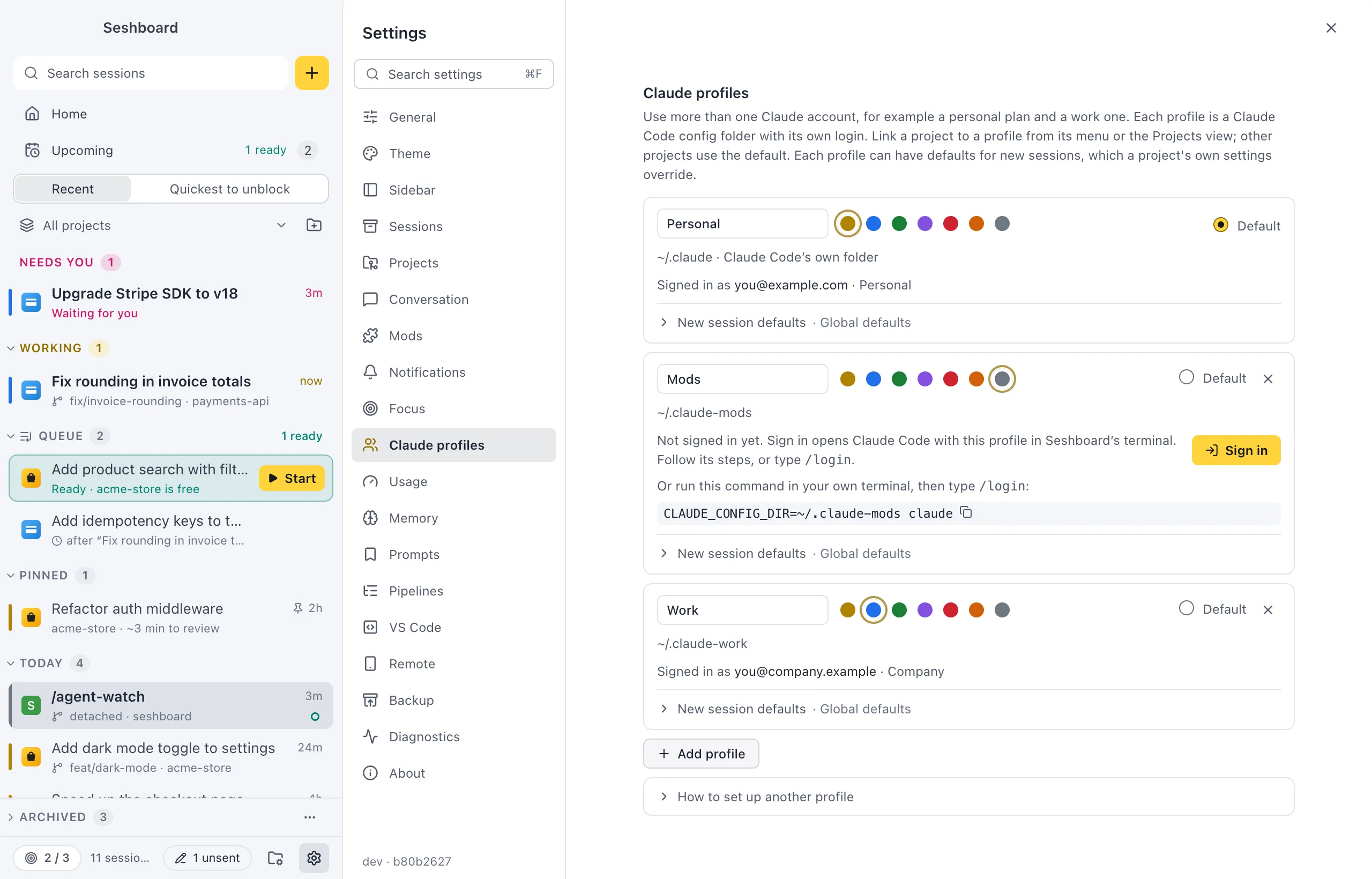Settings on Claude profiles: two profiles, each with its name, colour, config folder and the account it is signed in with, the Default choice, Add profile, and How to set up another profile