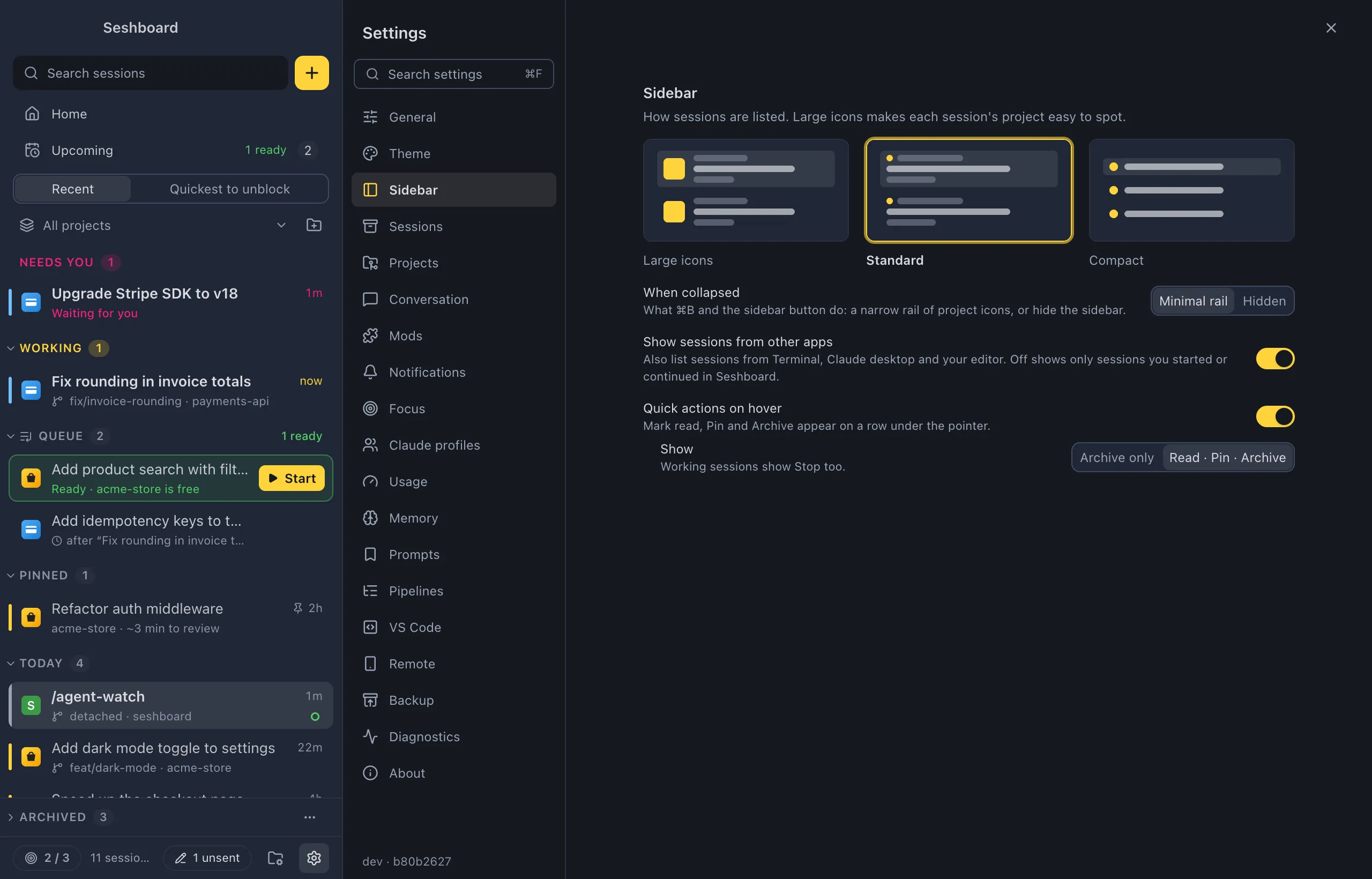 Settings on Sidebar: three previews for Large icons, Standard and Compact, the When collapsed control, and the Show sessions from other apps switch