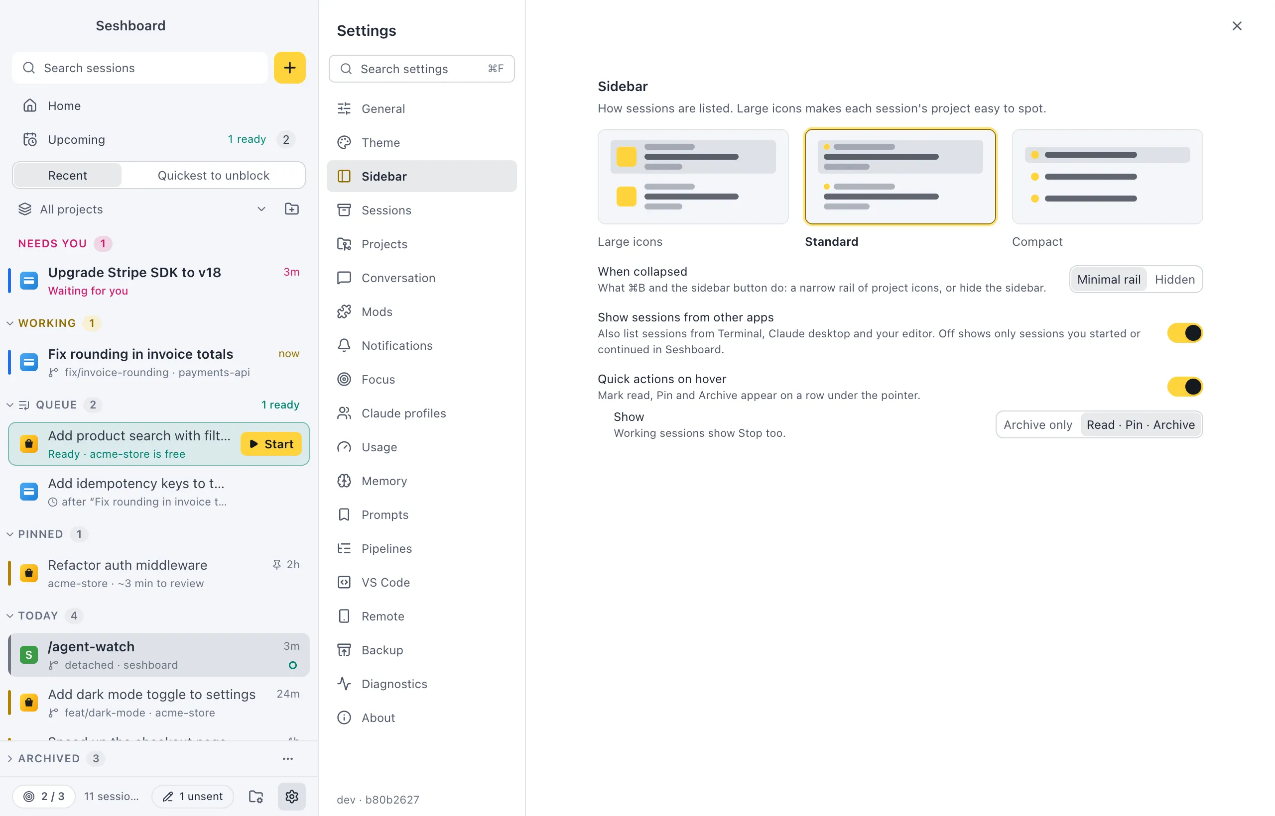 Settings on Sidebar: three previews for Large icons, Standard and Compact, the When collapsed control, and the Show sessions from other apps switch