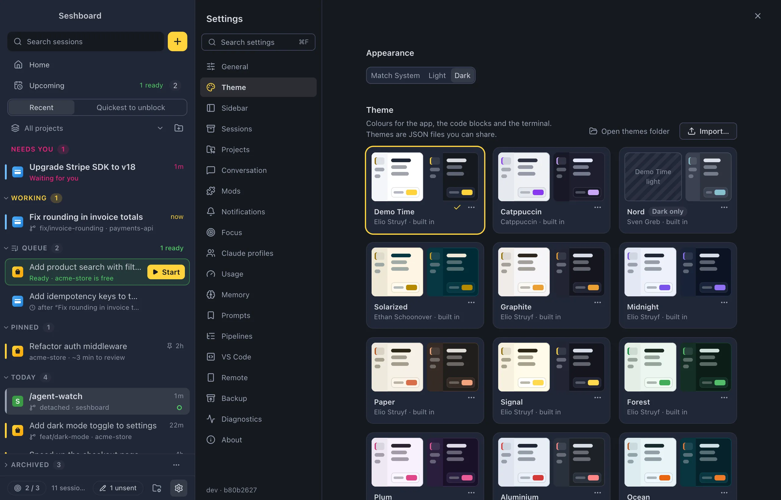 Settings on Theme: the Appearance control, the theme cards with light and dark previews, and the Import… and Open themes folder buttons