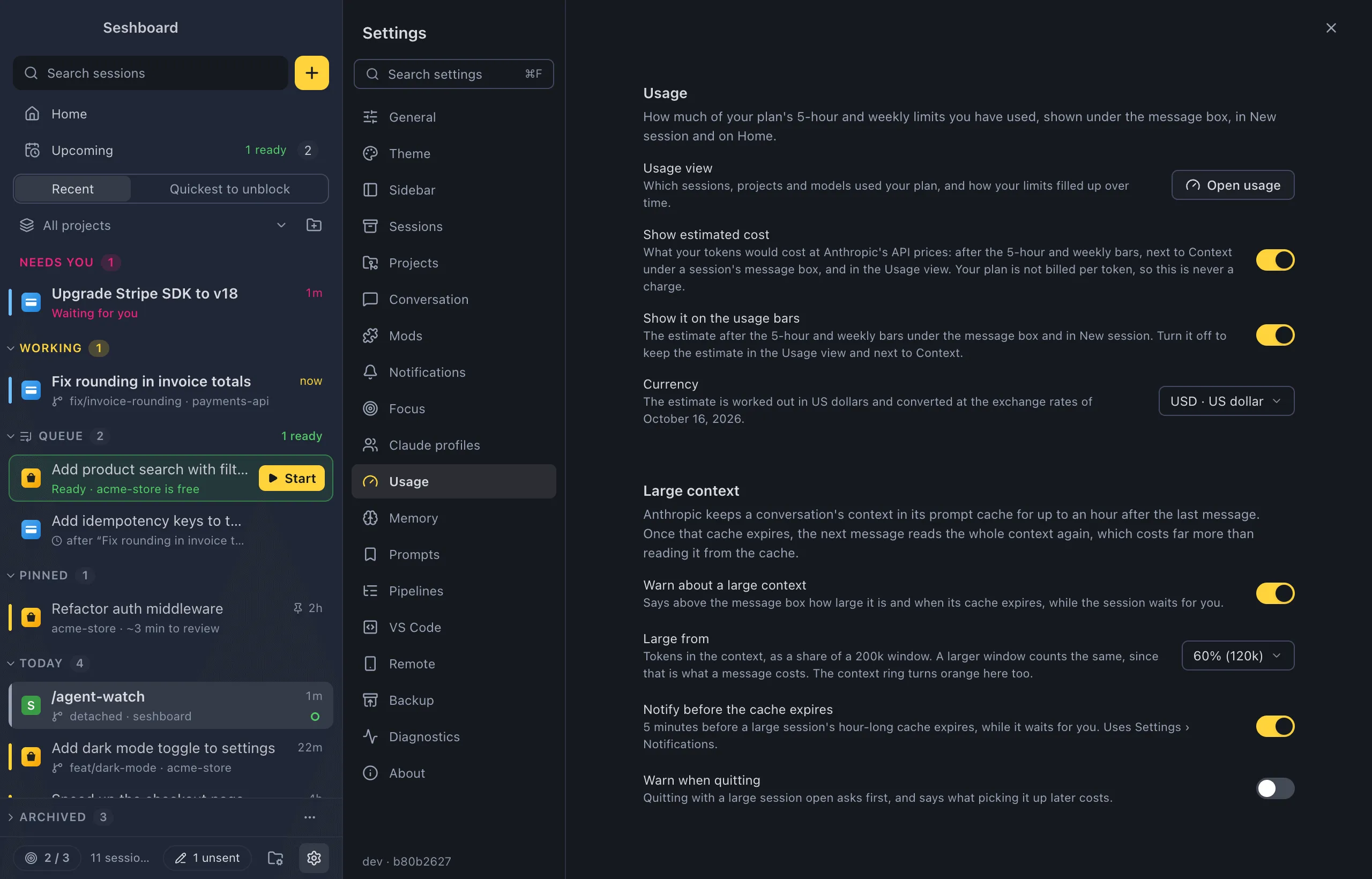 Settings on Usage: Open usage, the Show estimated cost and Show it on the usage bars switches, Currency set to US dollar, and under Large context the Warn about a large context switch, Large from at 60%, Notify before the cache expires and Warn when quitting