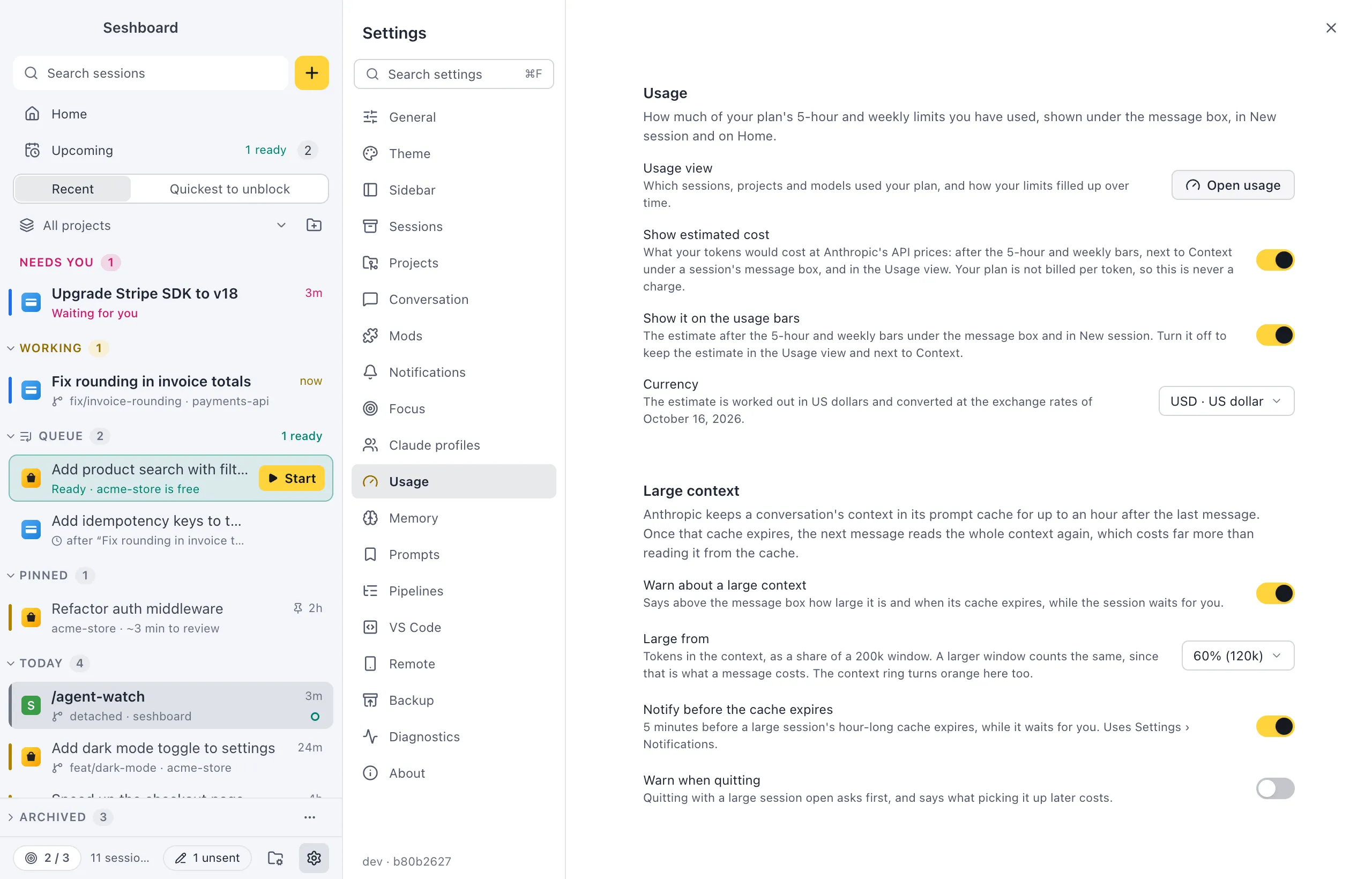 Settings on Usage: Open usage, the Show estimated cost and Show it on the usage bars switches, Currency set to US dollar, and under Large context the Warn about a large context switch, Large from at 60%, Notify before the cache expires and Warn when quitting