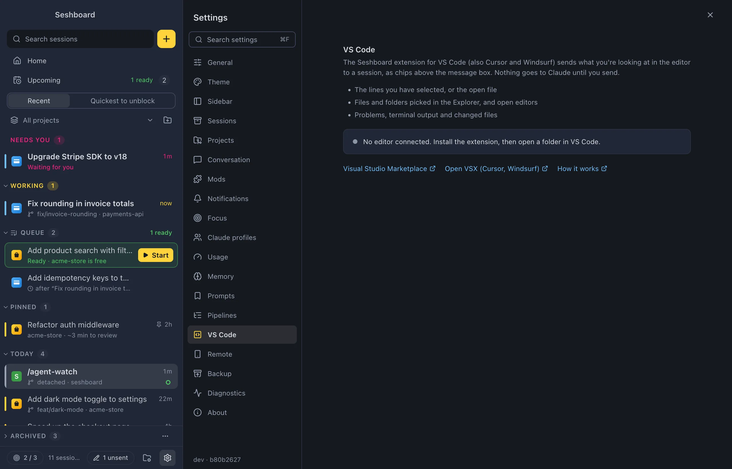 Settings on VS Code: what the extension sends, a status line saying whether an editor is connected, and links to the Visual Studio Marketplace, Open VSX and How it works