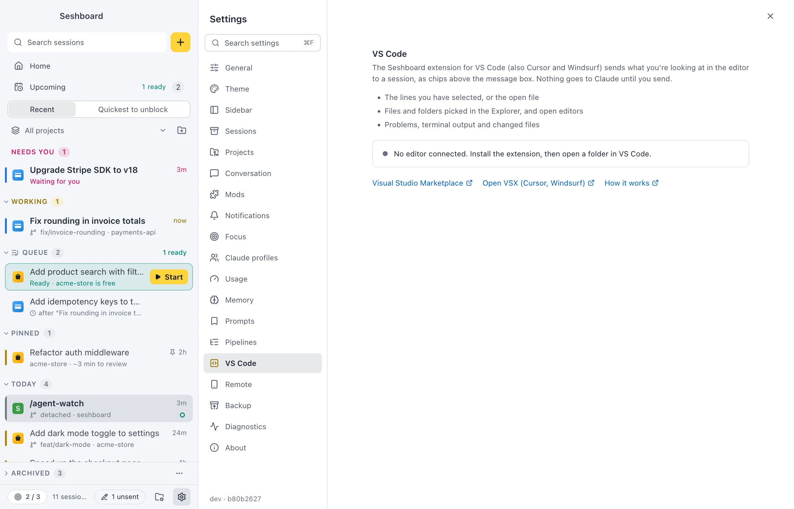 Settings on VS Code: what the extension sends, a status line saying whether an editor is connected, and links to the Visual Studio Marketplace, Open VSX and How it works