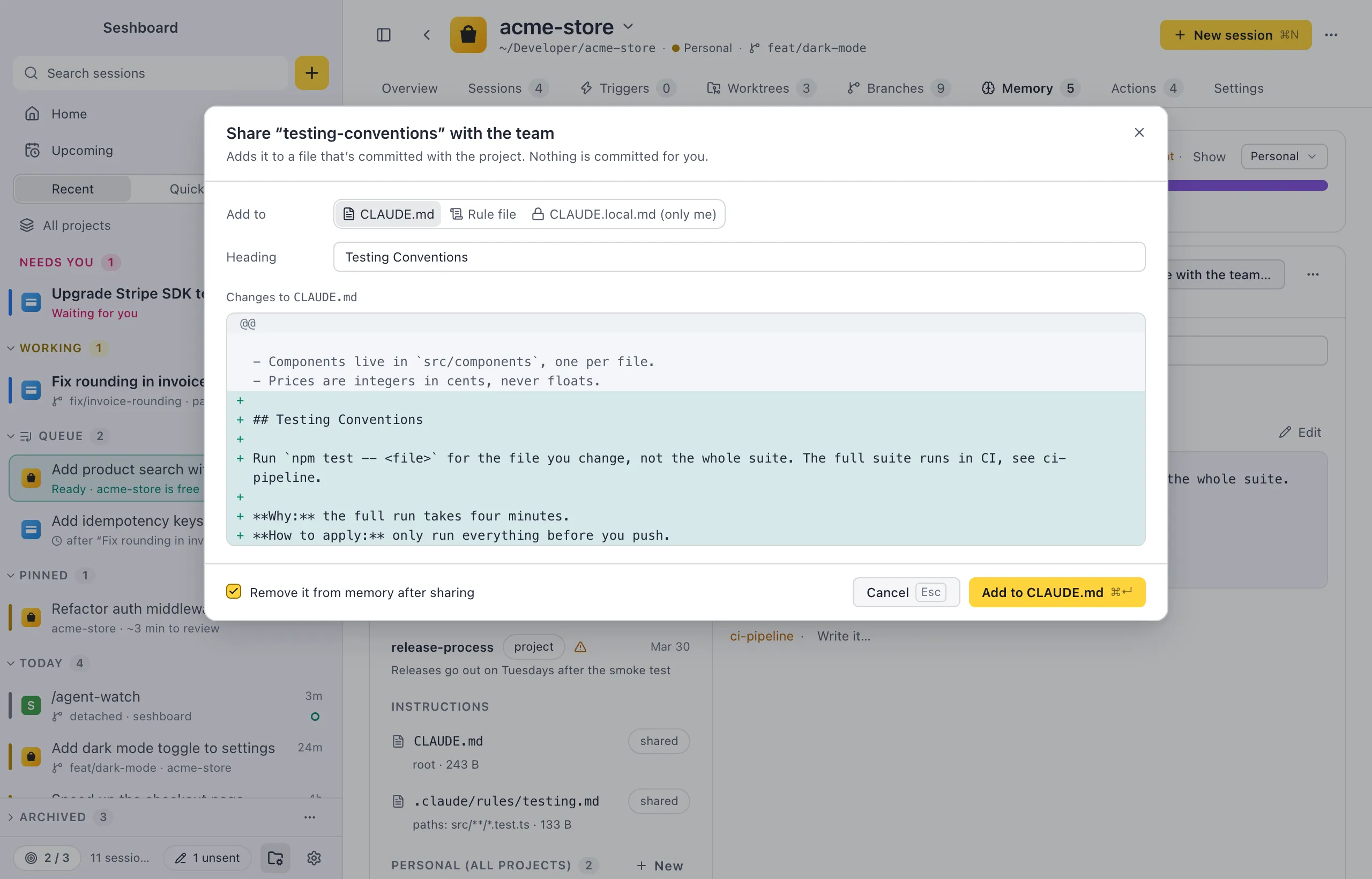 The Share with the team dialog: Add to with CLAUDE.md, Rule file and CLAUDE.local.md (only me), the Heading field, and a preview of the lines it adds to CLAUDE.md