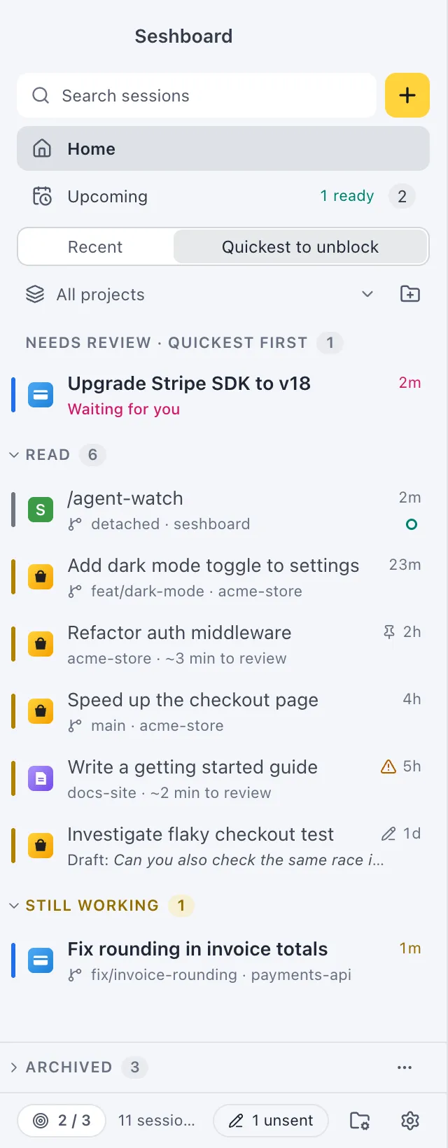 The sidebar sorted by Quickest to unblock: Needs review · quickest first, then Read, with review times and a warning on a session that changed a file outside the plan, then Still working