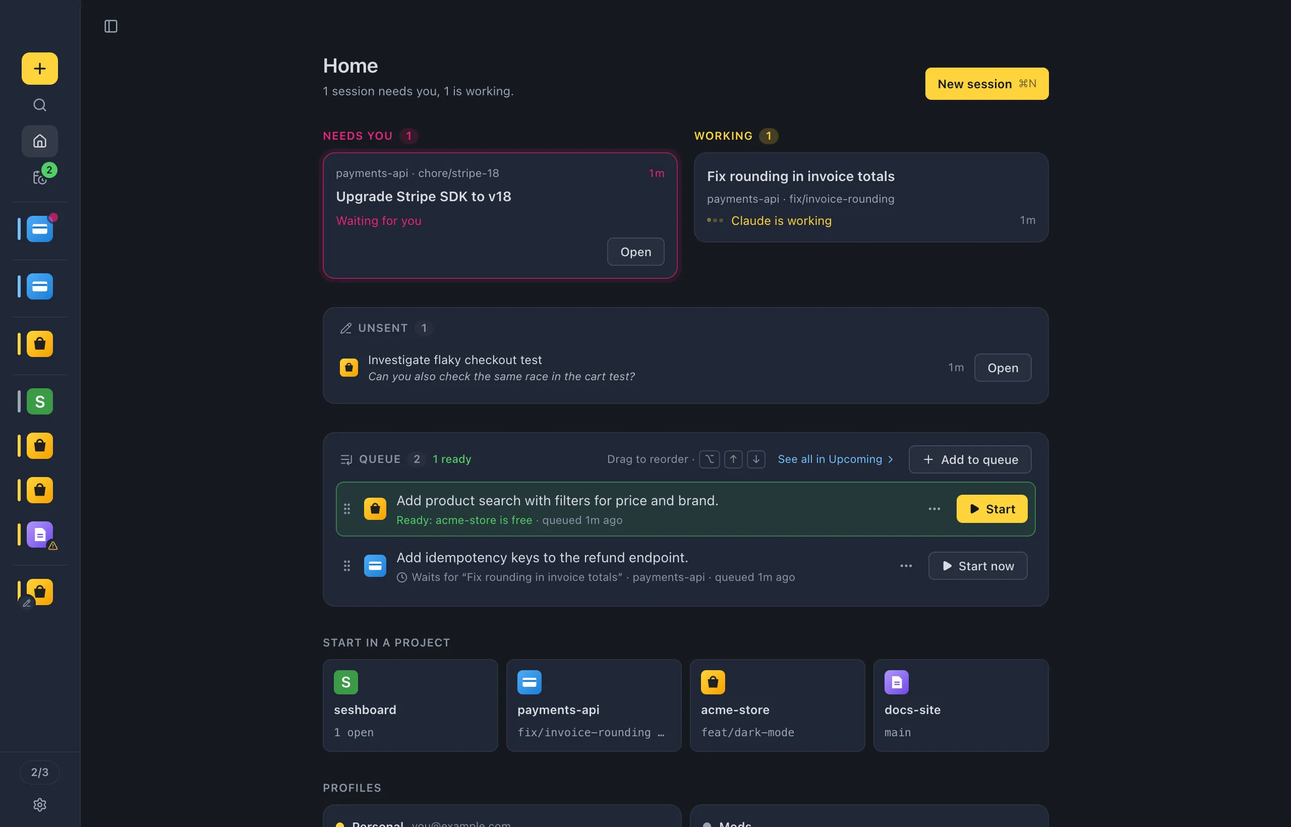 The sidebar collapsed to the minimal rail: one project icon per session, in the same groups and order