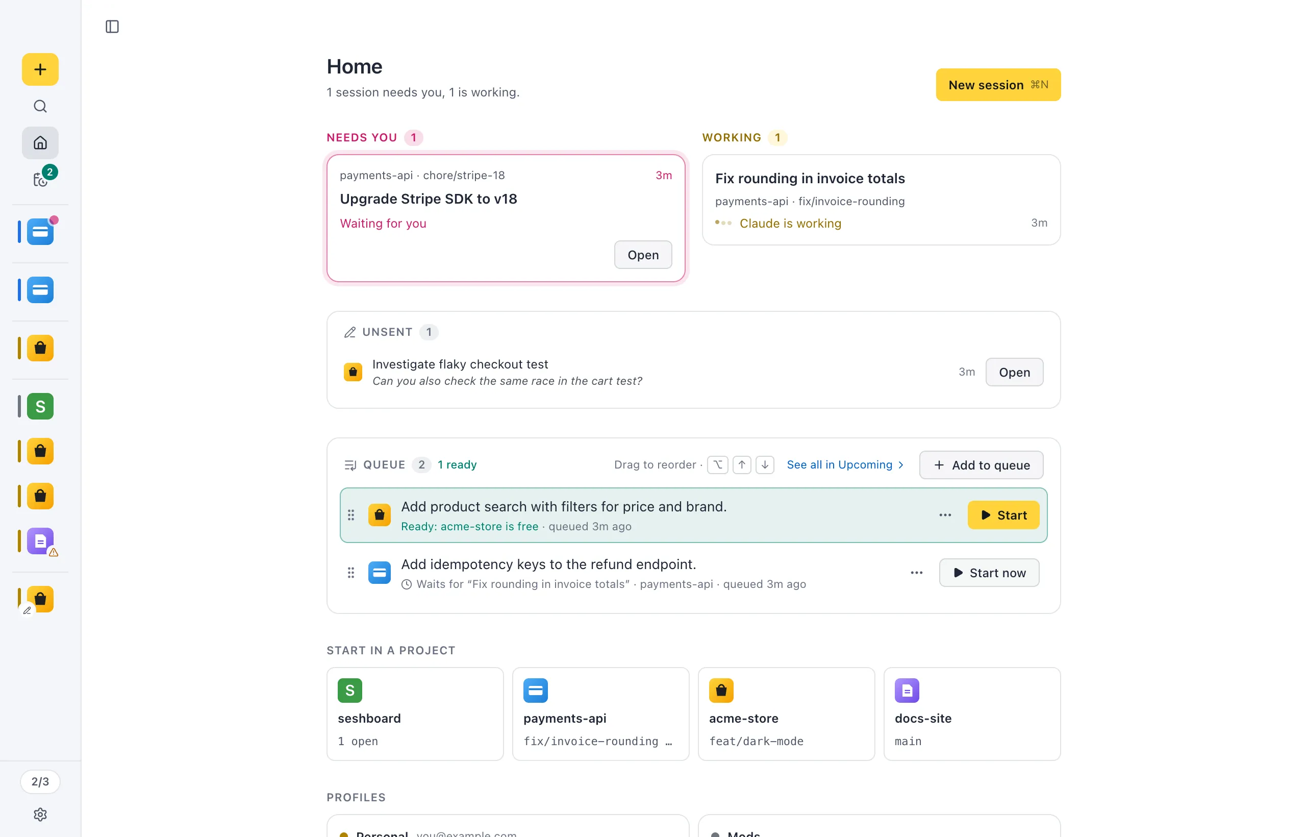 The sidebar collapsed to the minimal rail: one project icon per session, in the same groups and order