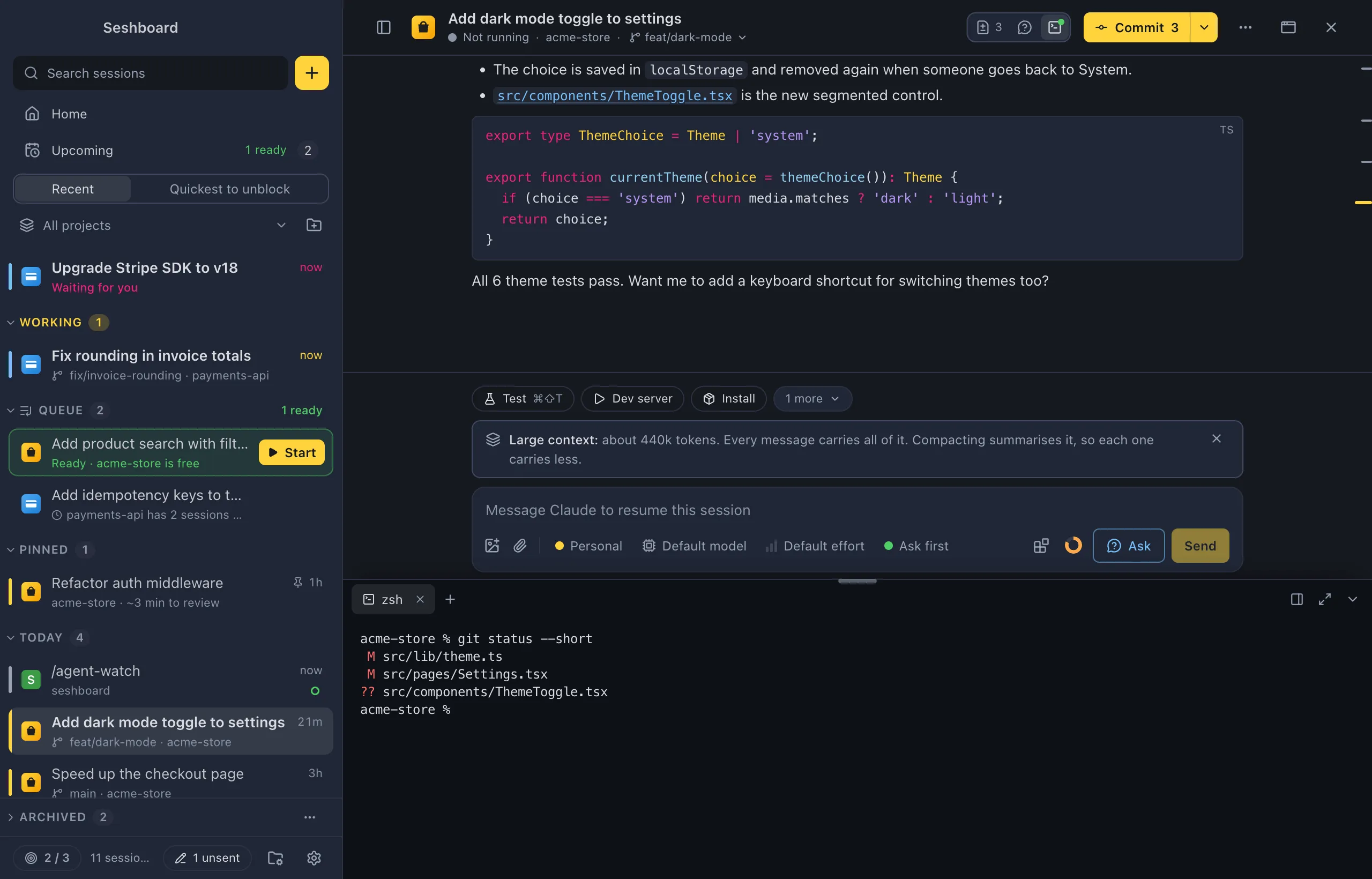 A session with the terminal panel open below the conversation: tabs at the top, a shell with output, and buttons to dock, maximize and hide the panel