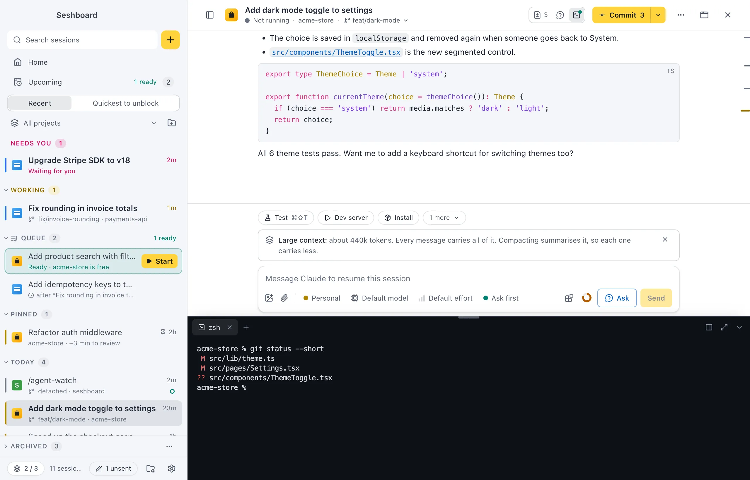 A session with the terminal panel open below the conversation: tabs at the top, a shell with output, and buttons to dock, maximize and hide the panel