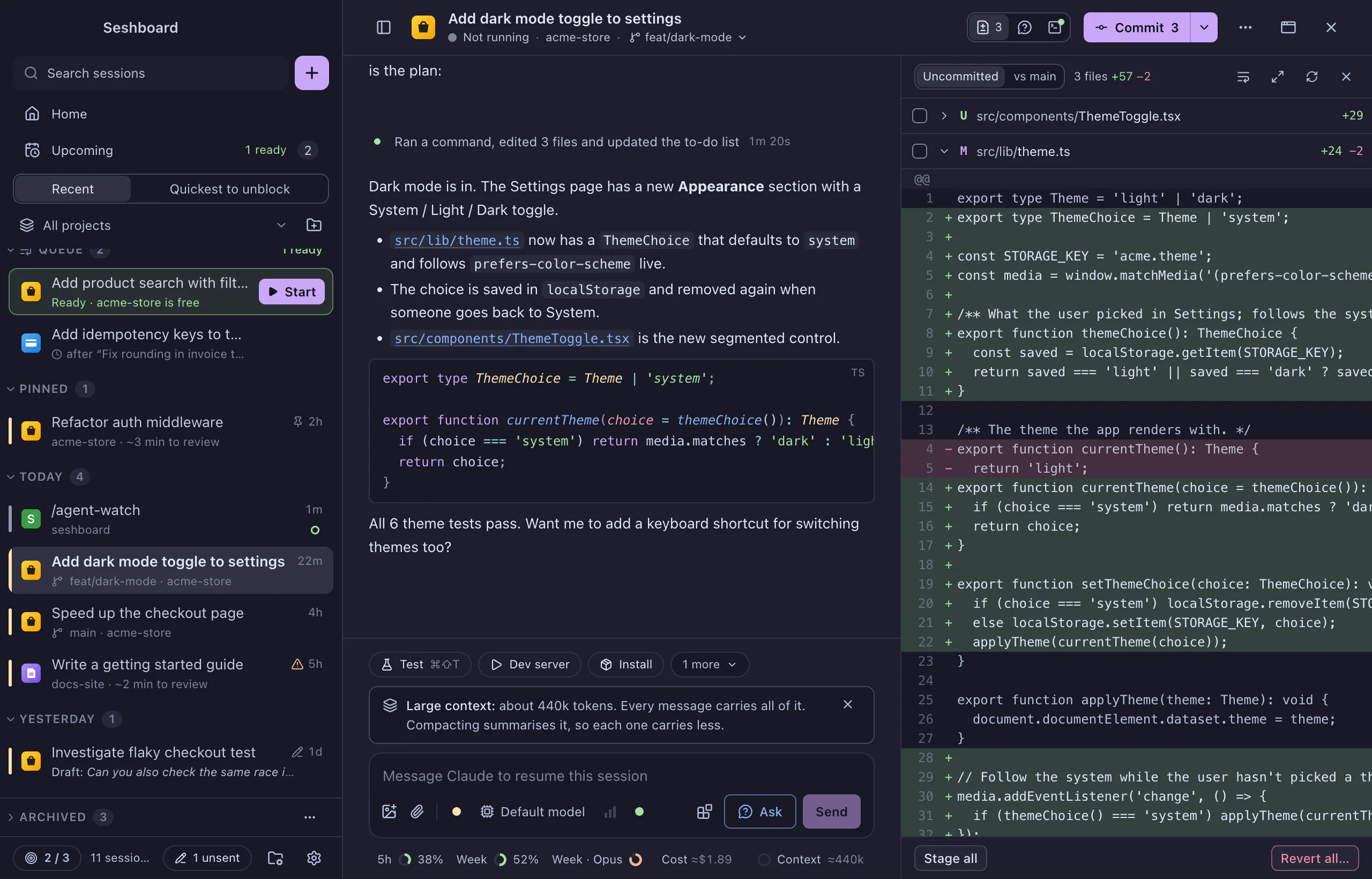 The main window in the Catppuccin theme: the sidebar, a conversation and the Changes panel in Catppuccin's colours