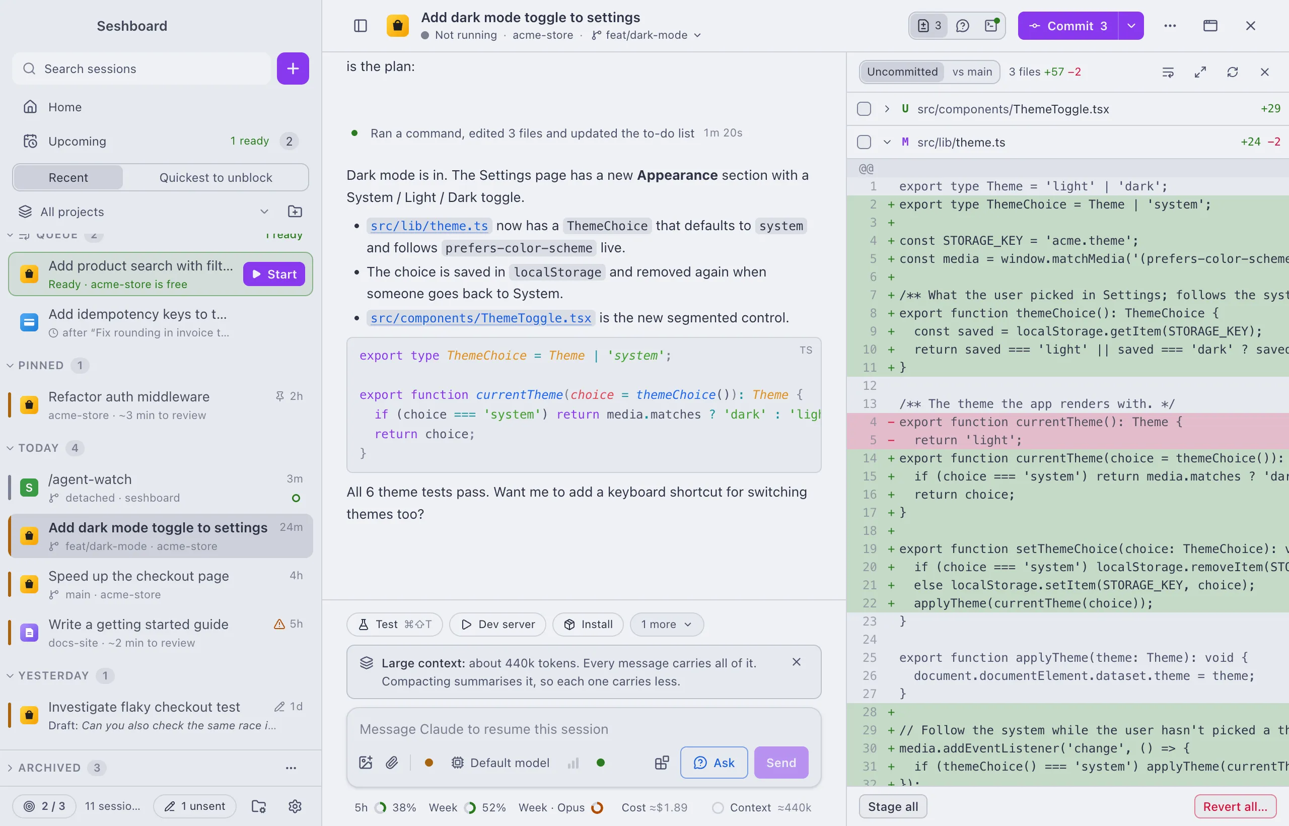The main window in the Catppuccin theme: the sidebar, a conversation and the Changes panel in Catppuccin's colours