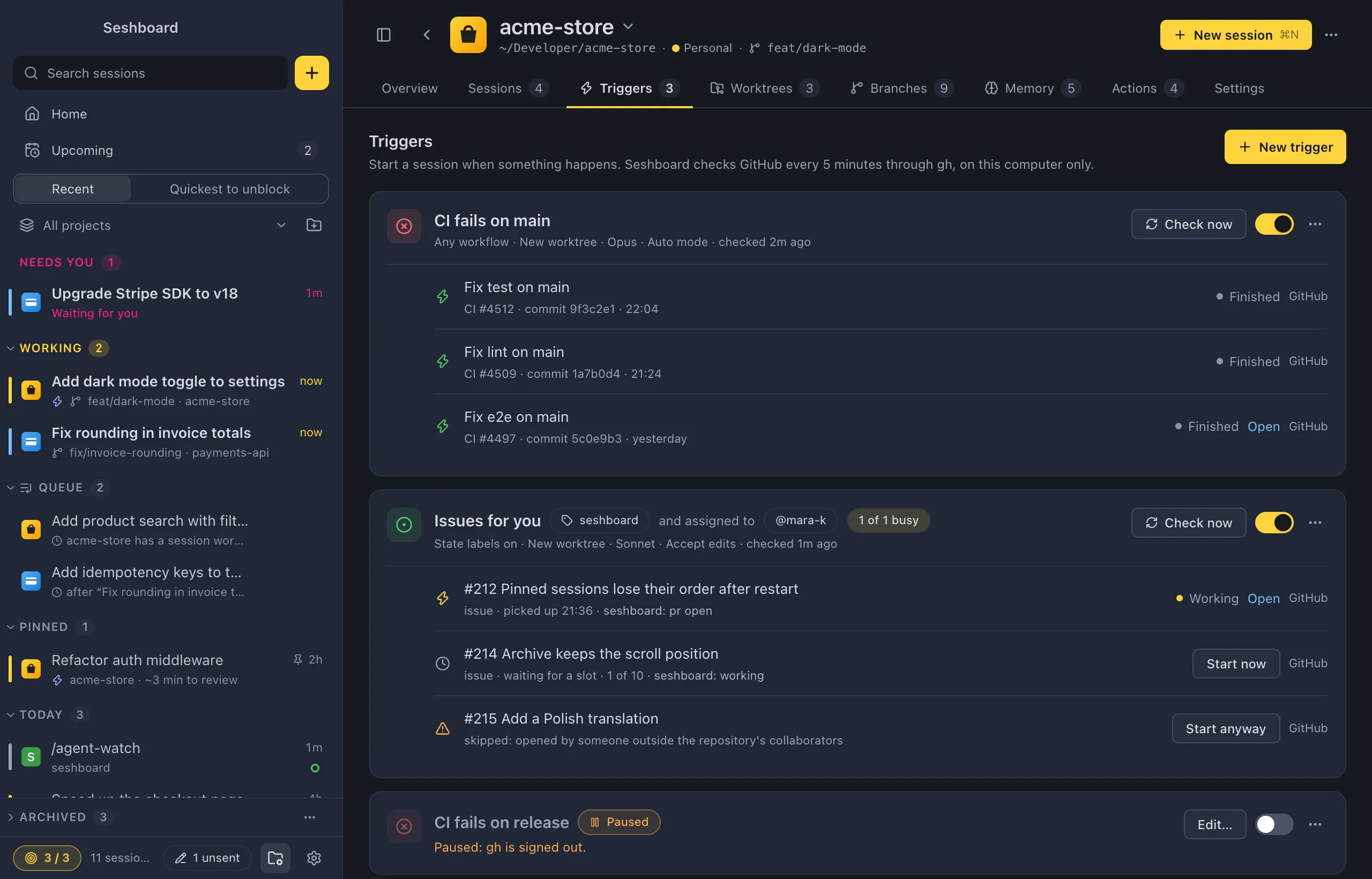 A project's Triggers tab: CI fails on main with three sessions, Issues for you with an issue picked up, one waiting and one skipped, and a paused trigger
