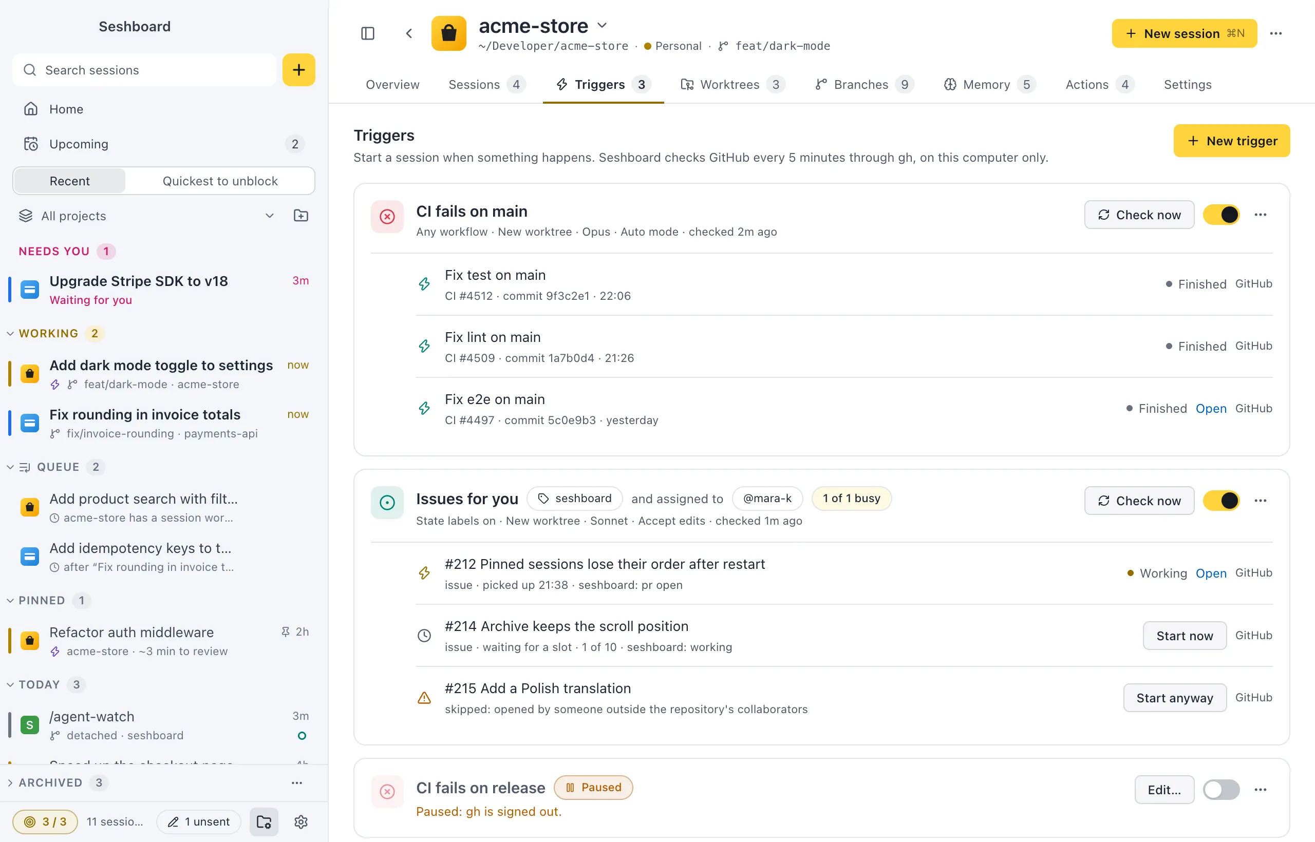 A project's Triggers tab: CI fails on main with three sessions, Issues for you with an issue picked up, one waiting and one skipped, and a paused trigger