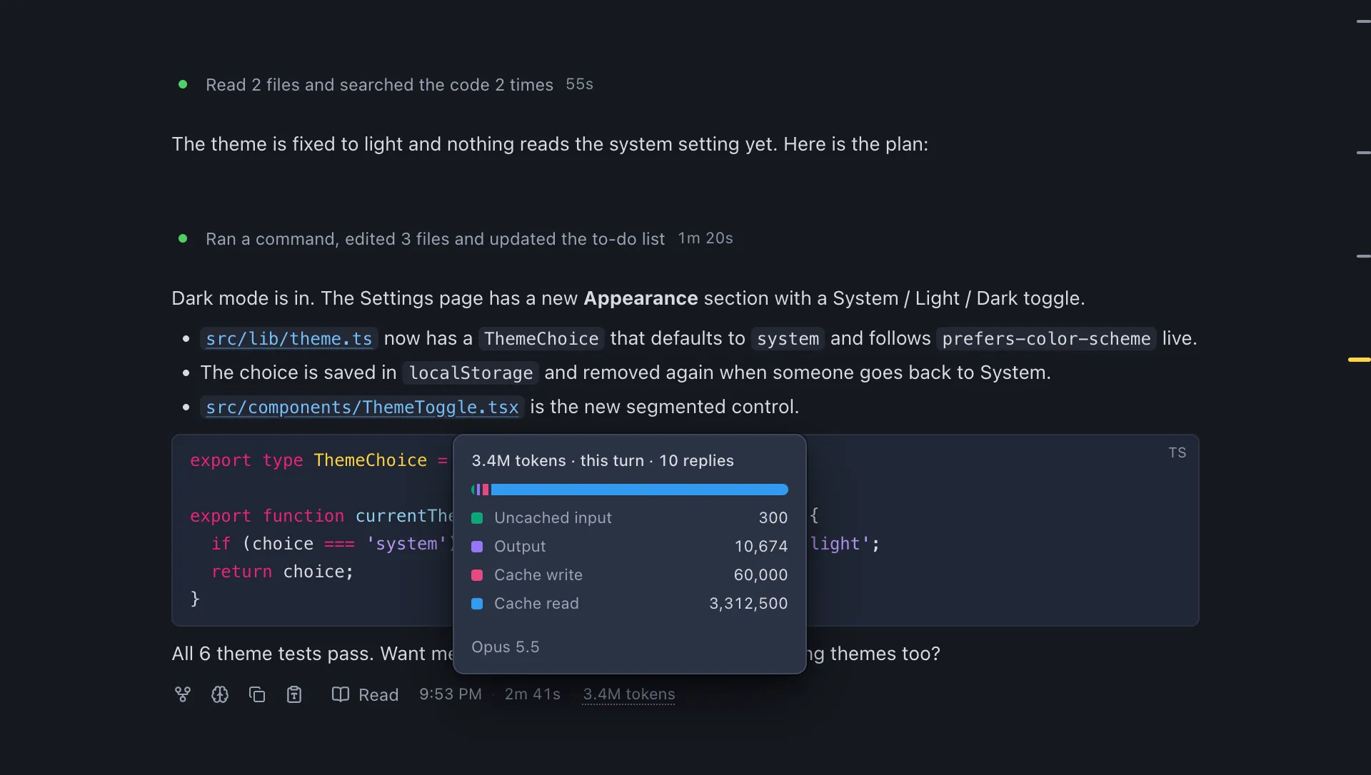Under Claude's last reply, the time, duration and tokens of the turn, with the tokens' tooltip open: the total, a bar of the token types, a row for each and the model