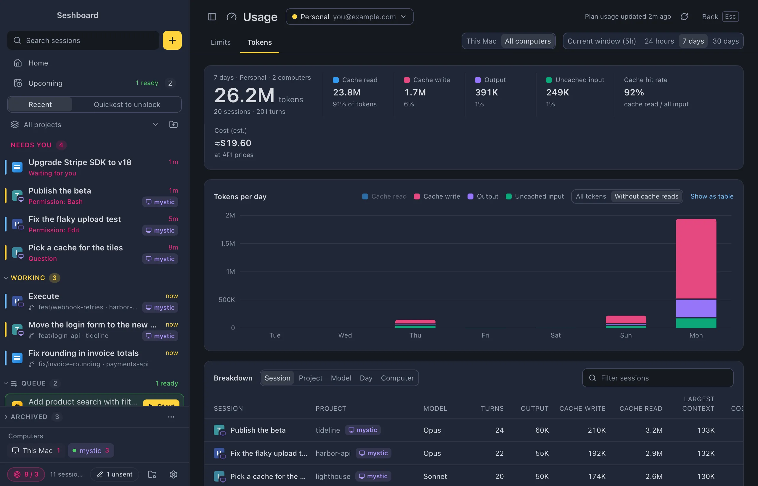 The Usage view on the Tokens tab for 7 days with All computers picked: the totals say Personal · 2 computers, the chart adds up both computers, and the breakdown lists sessions with a violet mystic chip next to their project