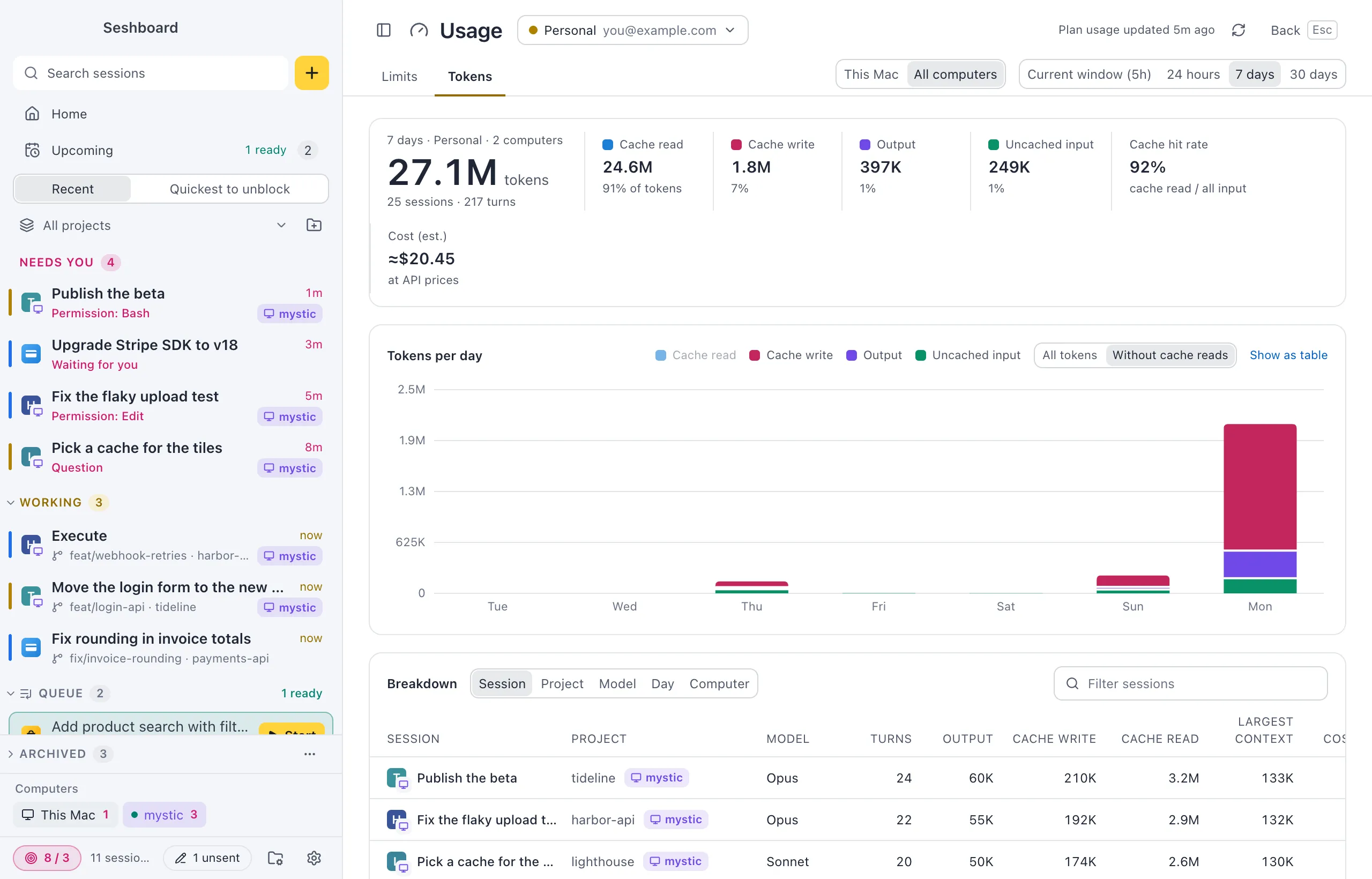 The Usage view on the Tokens tab for 7 days with All computers picked: the totals say Personal · 2 computers, the chart adds up both computers, and the breakdown lists sessions with a violet mystic chip next to their project